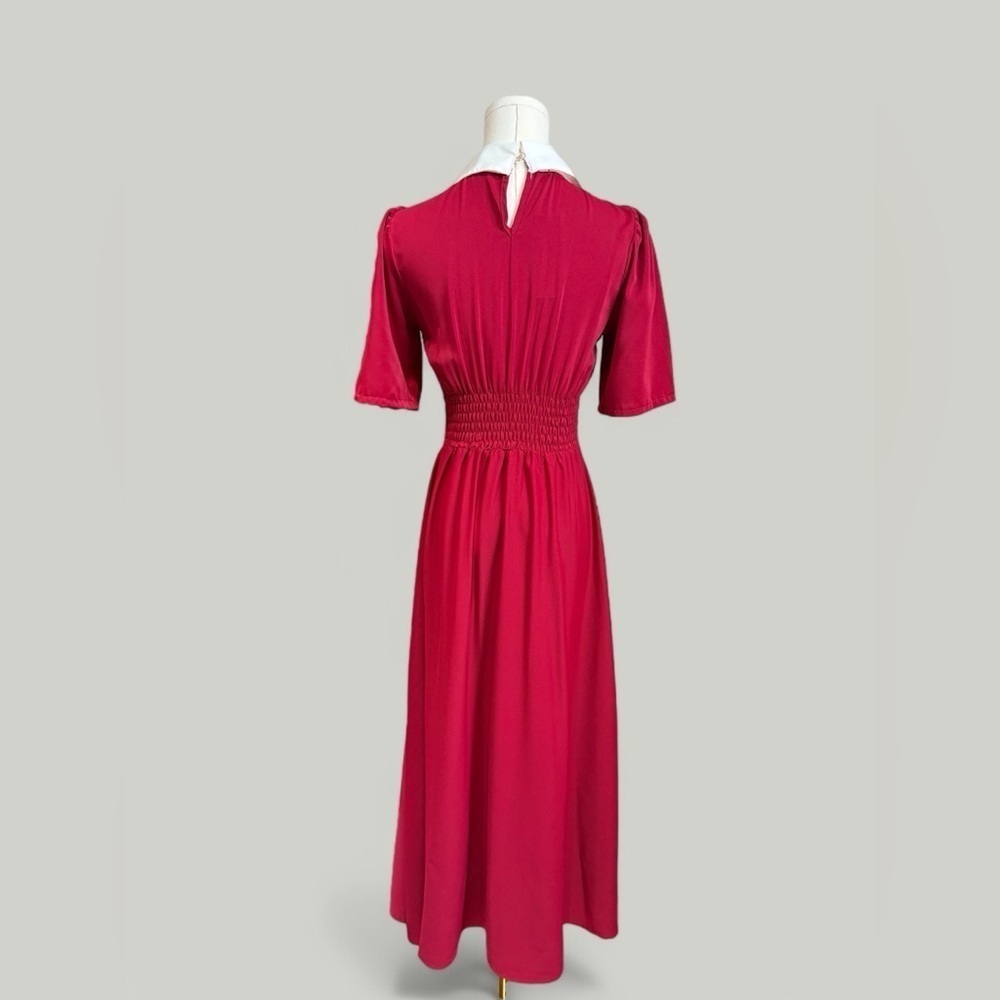 Dress Women Size Small Red Long Exaggerated Collar Puff Sleeves Sinch Waist - Picture 3 of 10